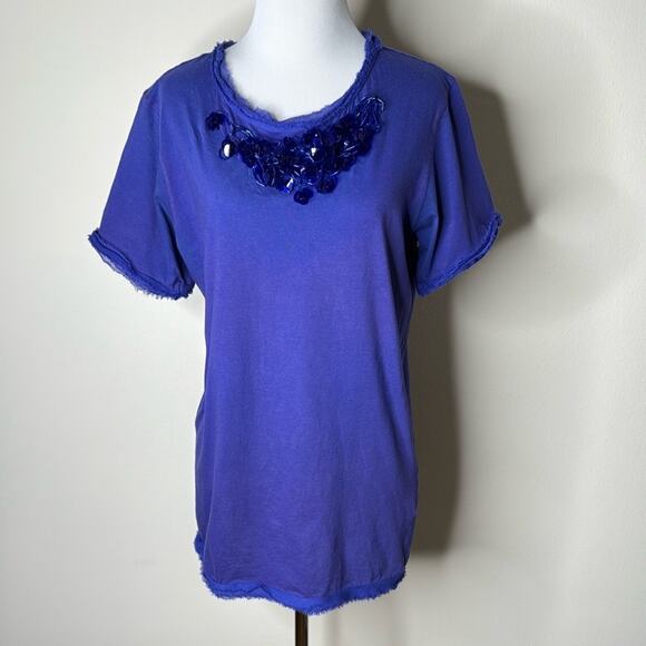 LANVIN Blue Knit Embellished Chiffon Trimmed Tee - Picture 1 of 8